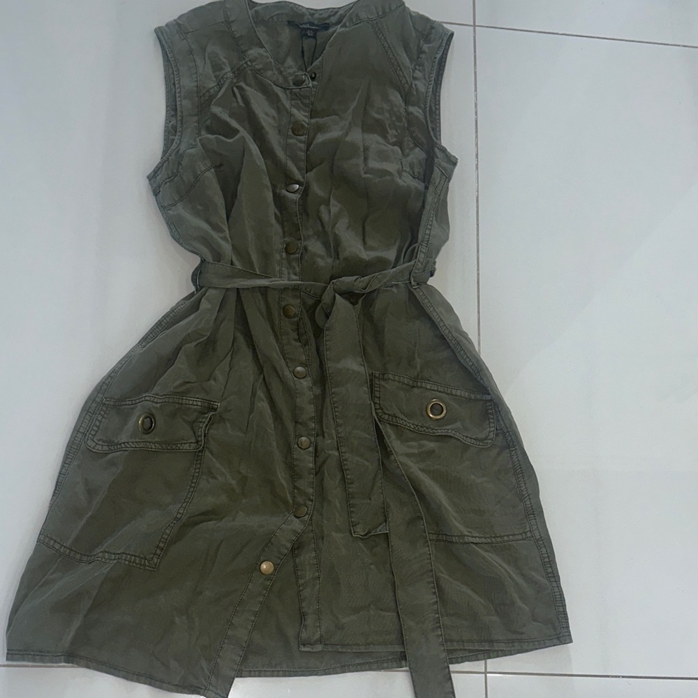 Dalia Sleeveless Olive Utility Button-Front Dress with Tie Belt Size Small
